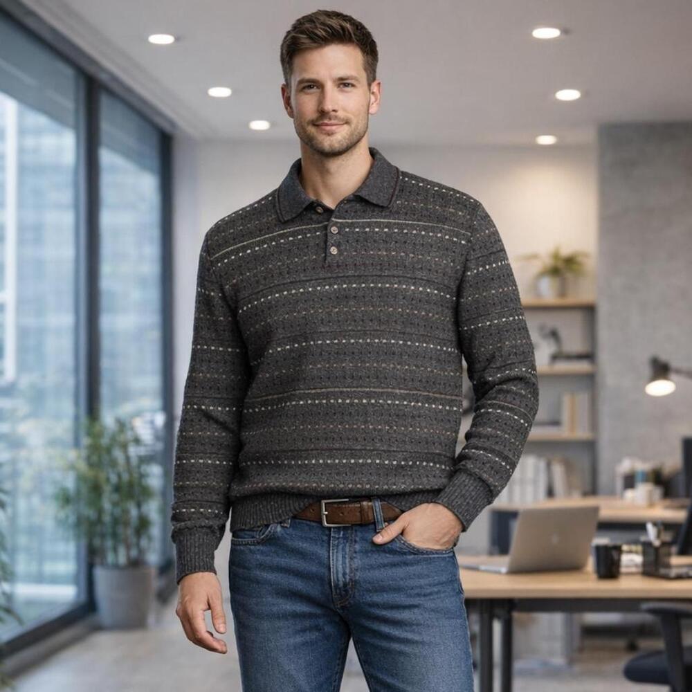 Casual luxury Men’s long sleeve knit polo button placket Sweater gray textured r
